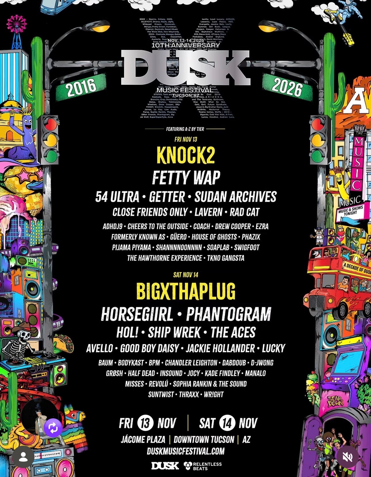 DUSK Music Festival 10th Anniversary — Knock2, Fetty Wap, BigXthaPlug — Nov 13–14 2026 at Jácome Plaza, Downtown Tucson AZ